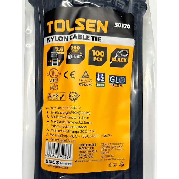 Tolsen Cable Tie, 12 in L, 82.8 mm Max Bundle Dia., Black, Nylon 6/6, 120 lb Strength, 100 PK 50170 - main